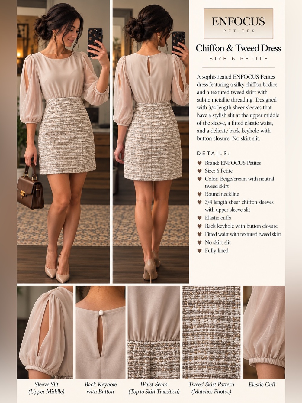 Enfocus Studio Beige & Cream Chiffon Tweed Mini Dress
